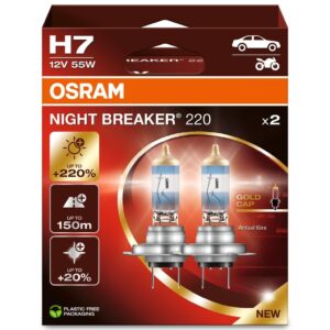 OSRAM NIGHT BREAKER 220, H7, 220% more brightness, halogen headlight lamp, 64210NB220-2HB, Folding Box (2 lamps), white